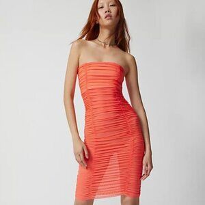 UO Mia Sheer Mesh Ruched Midi Dress Strapless Coral Tube L